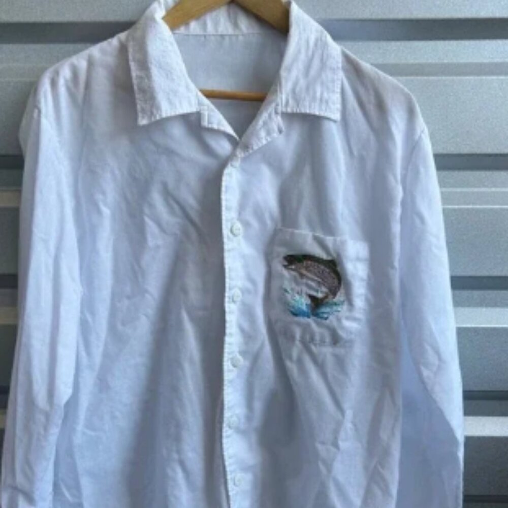 Vintage 70's Fish Button Up Shirt Large L Retro Embroidered Fishing Shirt Nature